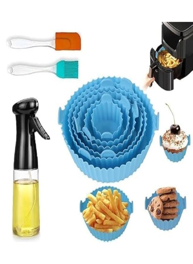 NEKIFACE 6 Pcs Round Reusable Non-Stick air Fryer Accessories Silicone Coating Pot Basket for Microwave Oven oil sprayer bottle and Oil brush And Spatula Set, 200 Millilitre, Multicolor - Image 1